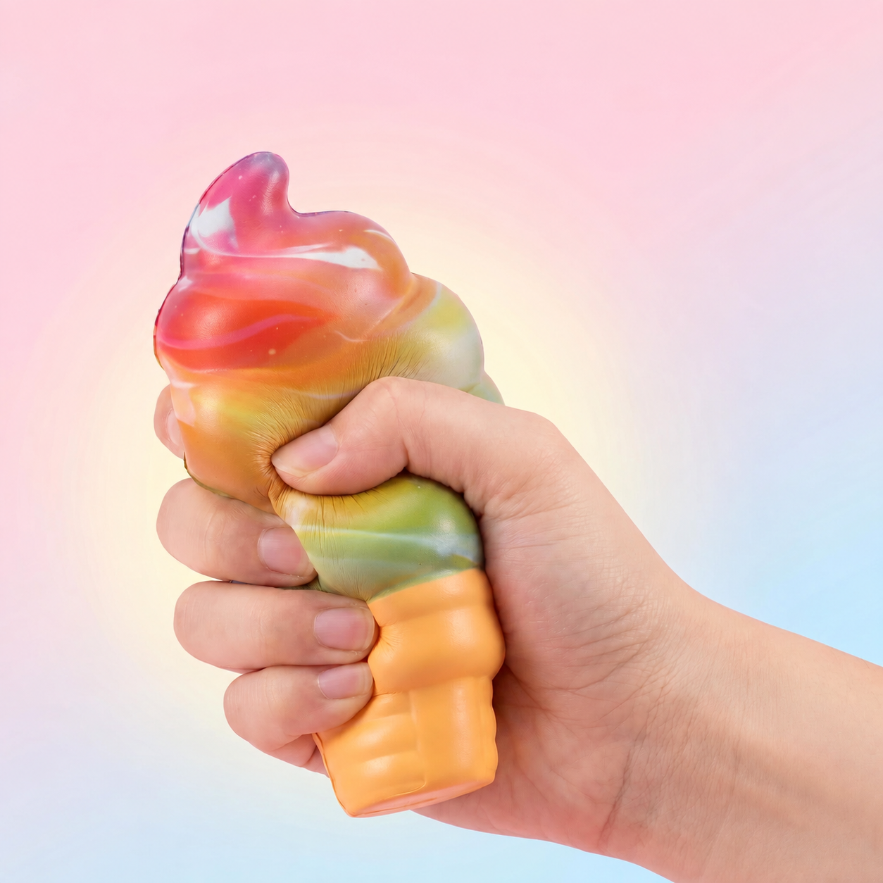 A colorful ice cream squishy being squeezed